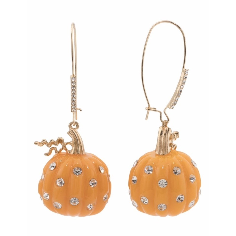 Betsy Johnson Orange Pumpkin Drop Earrings Crystal Polka Dot Halloween Fall NWT